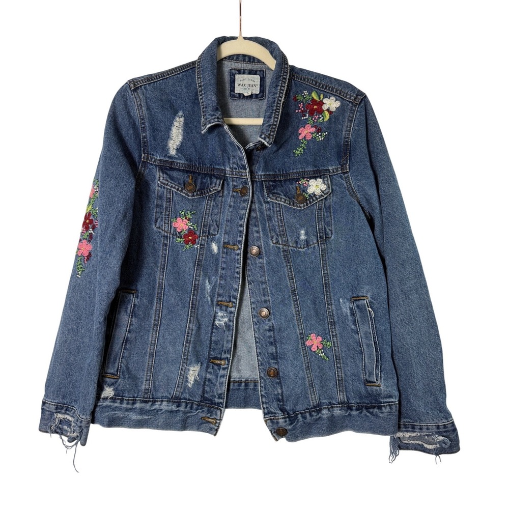 Wax Jean Denim Jacket Womens Small Blue Good Distressed Floral Embroidered Boho